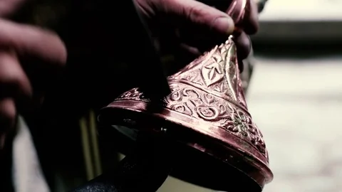 Traditional tinsmith work. Copper smith makes embossing artifacts from copper. D Stock Footage 76442765