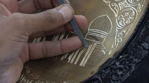 Traditional tinsmith work. Copper smith makes embossing artifacts from copper 스톡 동영상 128031563