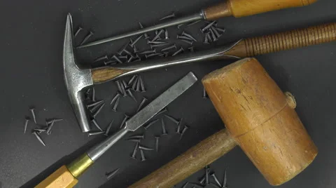 Traditional tools of upholsterer on a turntable Video stock 63506174