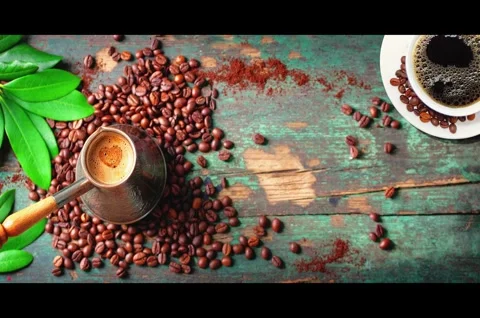 Traditional turkish coffee brewing set with cezve and roasted beans Stock Footage 330585496