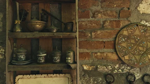 Traditional Turkish Kitchenware and Decorative Plate in Old Village House 스톡 동영상 334835104