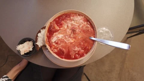 Traditional Ukrainian Borscht With Rye Bread, Sour Cream And Pork Fat 스톡 동영상 342664981