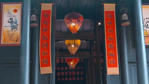 Traditional Vietnamese architectural interior decorated with festive red lattern Stock Footage 340626995