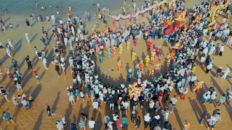 Traditional Vietnamese Opera Performance on Phuoc Hai Beach Aerial Shot Stock Footage 334329888