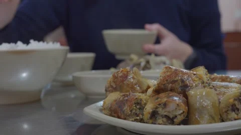 Traditional Vietnamese Spring Rolls Served At Dinner Stock Footage 336718220