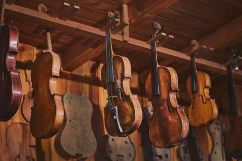 Traditional violin maker studio Stock Photos