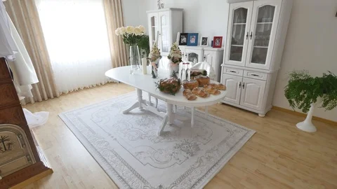 Traditional wedding bread on the table. Wedding table with sweet traditional Stock Footage 88533780