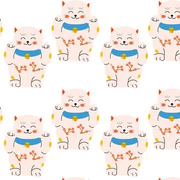 Traditional white cat maneki pattern with sakura 스톡 일러스트