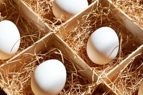 Traditional white easter eggs in the special straw box Stock Photos