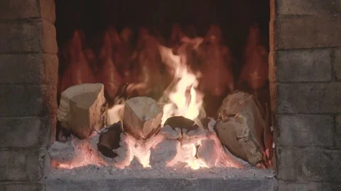 Traditional Whole Ducks Roasting Over Open Wood Fire in Beijing Restaurant Stock Footage 345852236