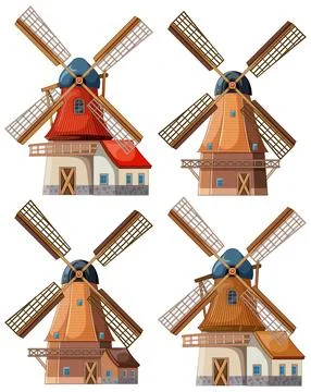 Traditional Windmills Set in Flat Vector Illustration Style Stock Illustration