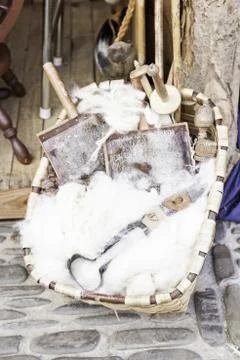 Traditional wool and tools, object detail and care to treat wool, ancient art Stock Photos