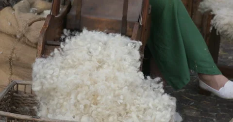 Traditional Wool Processing: Antique Manual Machine in Action Stock Footage 253031595