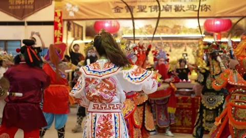 Traditional Yingge Dance Performance at Seng Fatt Temple in Kampar, Malaysia Stock Footage 345439665