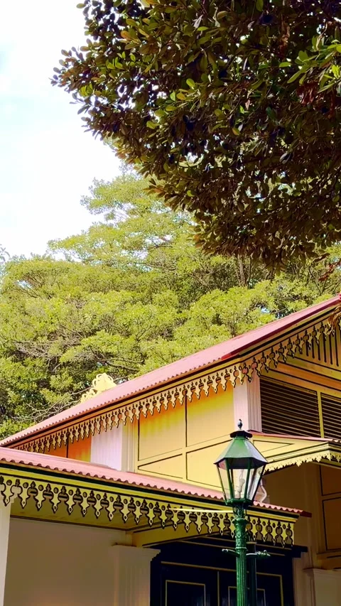 Traditional Yogyakarta Sultan Palace pavilion architecture framed by trees .. Stock Footage 346742053