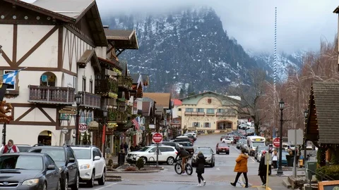 The traditionally German decorated alpine town of Leavenworth in the Stock Footage