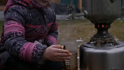 Traditions of tea drinking. boiling samovar Stock Footage 99281896