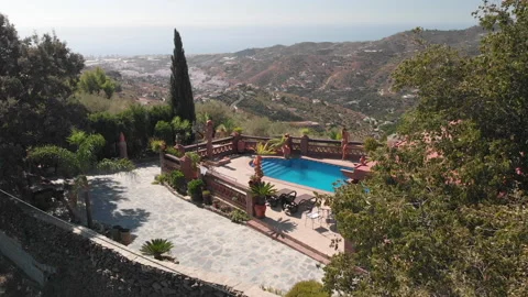 Tradtional Spanish Backyard with Pool,Overview on Mountains, Slow Motion Video stock 149229063