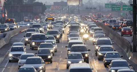 Traffic on the 110 freeway los angeles at sunset Stock Footage 87394707