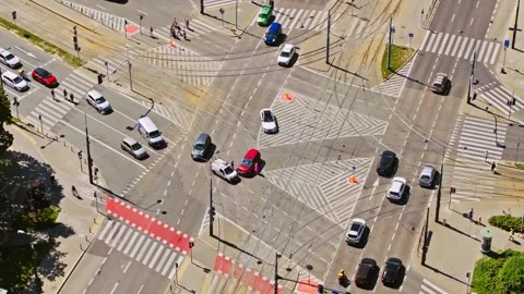Traffic accident in Warsaw intersection with two cars crashed head on in Poland Stock Footage 317626843