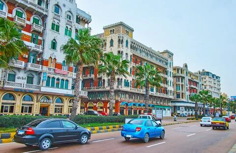 Traffic along the Little Venice edifices, on Dec 19 in Alexandria, Egypt Stock Photos