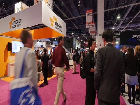 Traffic at Amazon booth at NAB Show 2015 exhibition expo in Las Vegas Stock Footage