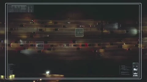 Traffic Analysis Interface Displaying Night Highway Vehicle Flow with Graphics Stock Footage 331045922