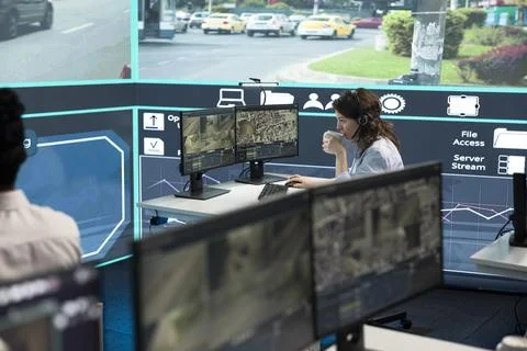 Traffic analyst drinks coffee while analyzing urban transport flow on screens Stock Photos