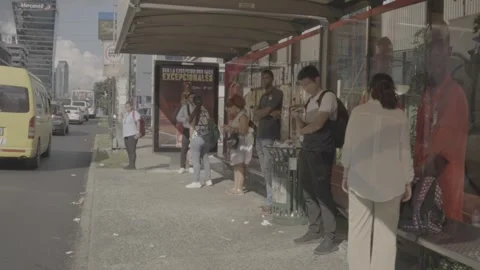 Traffic and a bus stop on a wide street in Panama 스톡 동영상 343747122