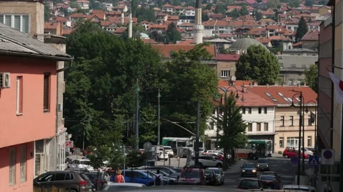 Traffic and Cityscape, Minarets Background in Sarajevo, Bosnia and Herzegovina Stock Footage 228623391