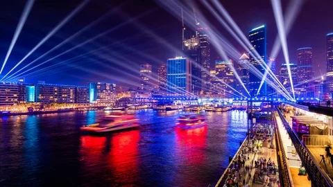 Traffic and crowds at Circular Quay, Sydney Harbour during Vivid Stock Footage 111944779