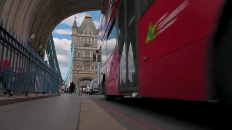 Traffic and a Doubledecker bus on Tower Bridge in London, England. Stock Footage 252000152