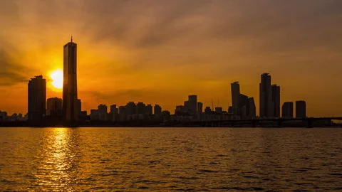 Traffic and Han River sunset, South Korea. 4K Time lapse Stock Footage 170635603