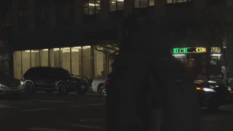 Traffic and headlights pass by a halal food cart in New York City at night Stock Footage 241496682