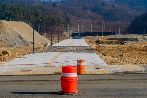 Traffic barrels blocking road Stock Photos