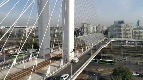 Traffic on the Basarab Suspended Bridge on a sunny day at Bucharest. Stock Footage 141663136