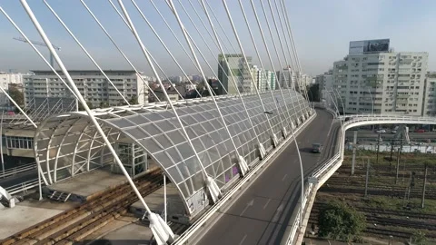 Traffic on the Basarab Suspended Bridge on a sunny day at Bucharest. Stock Footage 141663154