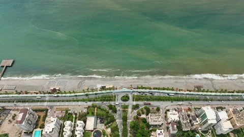 Traffic on the Beach aerial view 4 K Turkey Alanya Stock Footage 225172753