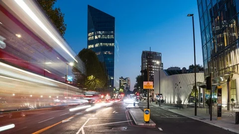Traffic on Blackfriars Road, light trails of cars and red buses, London, UK Stock Footage 104281329