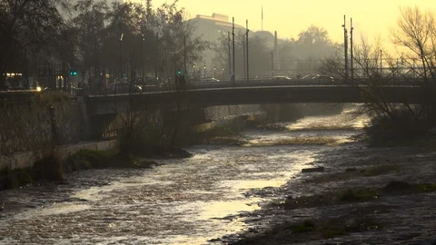 Traffic on bridge over a dry Mapocho river in Santiago, Chile Stock Footage 114803415