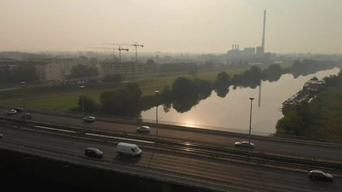 Traffic on bridge over Sava river at sunrise Stock Footage 115723132