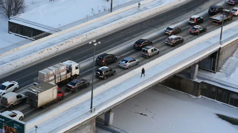 Traffic on the bridge in winter Stock Footage 167741632