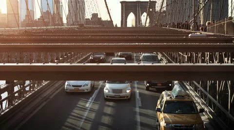 Traffic at the Brooklyn Bridge during sunset hours. New york, USA.  Stock-Footage 44102391