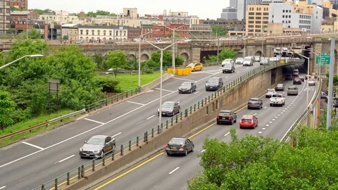 Traffic on the Brooklyn Queens Express way in Brooklyn New York Stock Footage 91663503