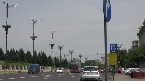Traffic in Bucharest, Romania, boulevard, avenue, city tour bus Stock Footage 33307669