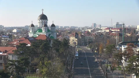 Traffic in Bucharest, Romania, boulevard, high angle view, orthodox church Stock Footage 33031036