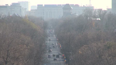 Traffic in Bucharest, Romania, boulevard, high angle view, communist buildings Stock Footage 33031078