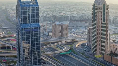 Traffic on a busy intersection on Sheikh Zayed highway aerial timelapse Stock Photos