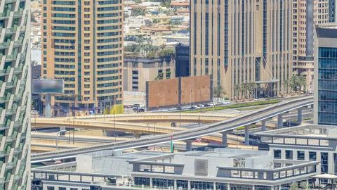 Traffic on a busy intersection on Sheikh Zayed highway aerial timelapse Stock Photos
