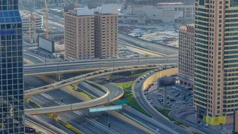 Traffic on a busy intersection on Sheikh Zayed highway aerial timelapse Stock Photos
